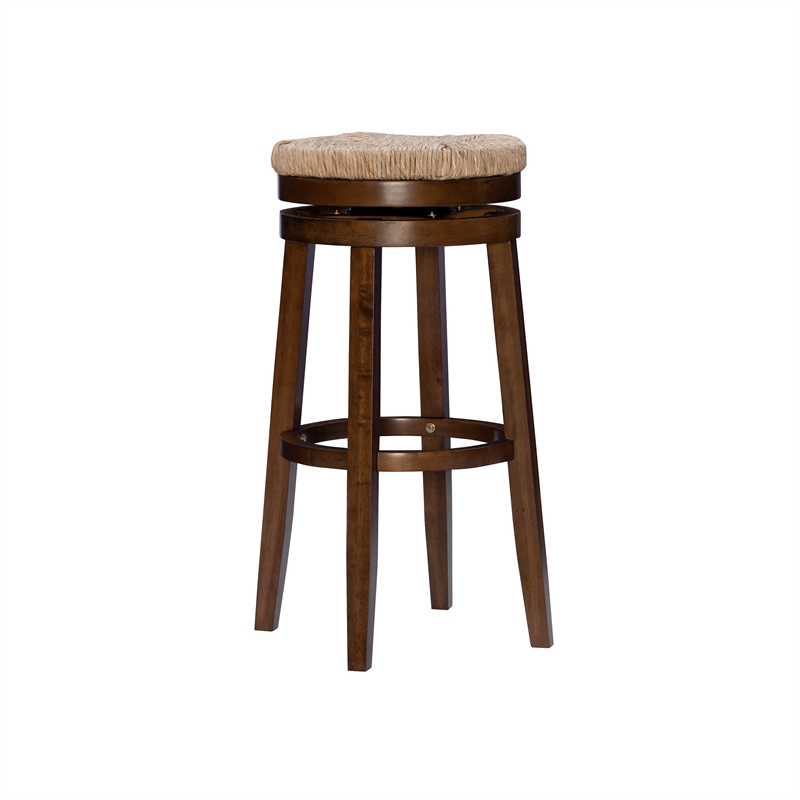 Home Square 2 Piece Solid Wood Swivel Rush Bar Stool Set in Walnut Brown