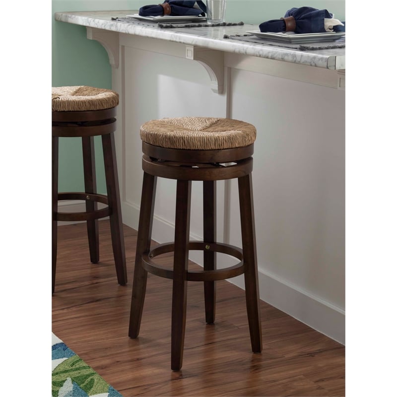 Home Square 3 Piece Solid Wood Swivel Rush Bar Stool Set in Walnut Brown