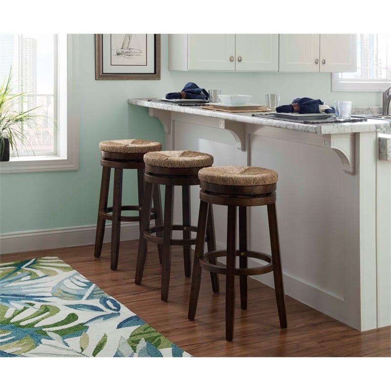 Home Square 3 Piece Solid Wood Swivel Rush Bar Stool Set in Walnut Brown
