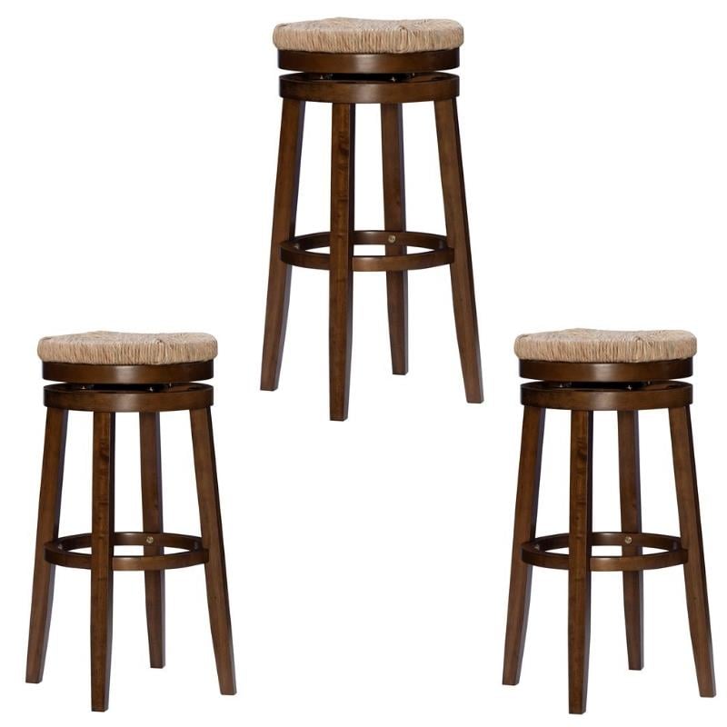 Home Square 3 Piece Solid Wood Swivel Rush Bar Stool Set in Walnut Brown