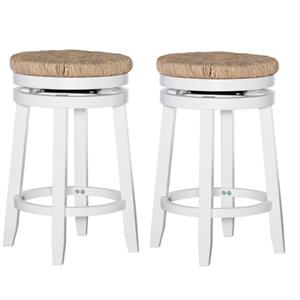 Home Square 2 Piece Swivel Rush Wood Counter Stool Set in White