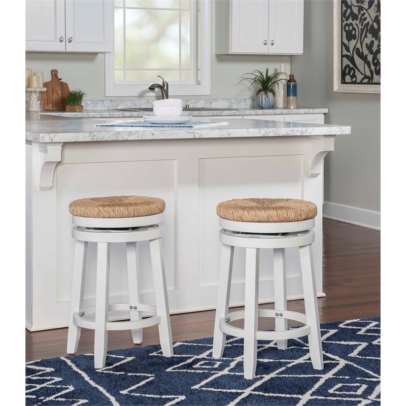 Home Square 3 Piece Swivel Rush Wood Counter Stool Set in White