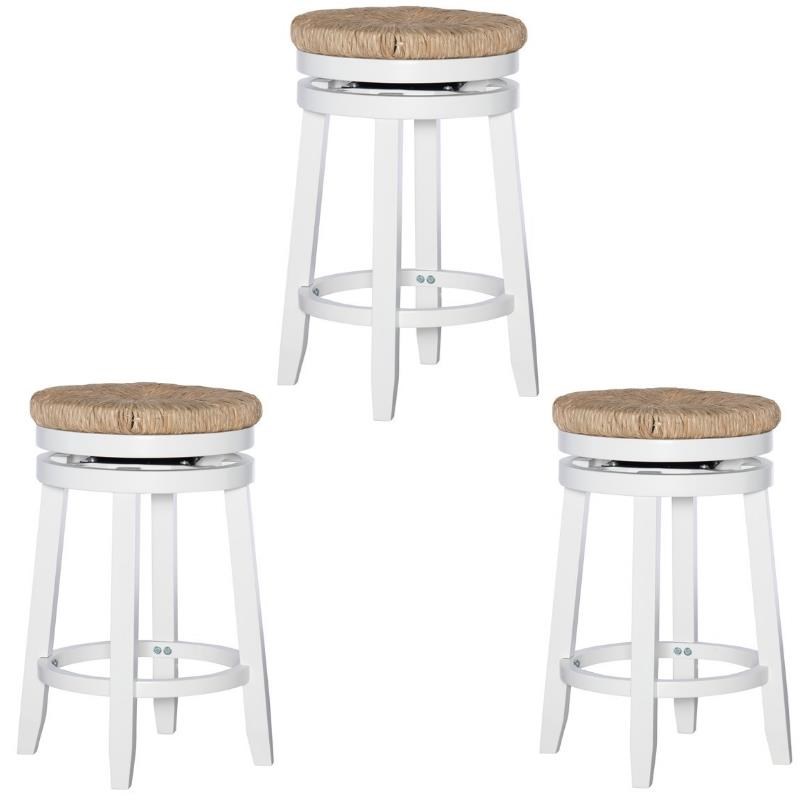 Home Square 3 Piece Swivel Rush Wood Counter Stool Set in White