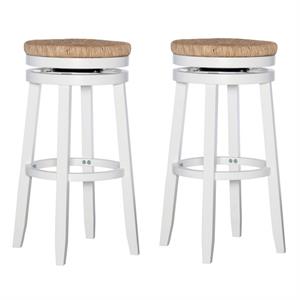 Home Square 2 Piece Swivel Solid Wood Rush Bar Stool Set in White
