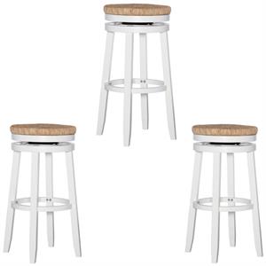 Home Square 3 Piece Swivel Solid Wood Rush Bar Stool Set in White