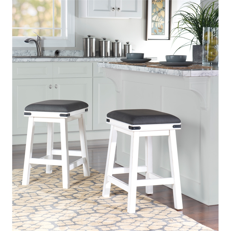 Home Square 2 Piece Wood Backless Counter Stool Set Soft PU Fabric Seat in White