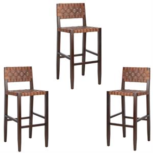 Home Square 3 Piece 31&quot Height Leather Bar Stool Set in Cognac and Walnut