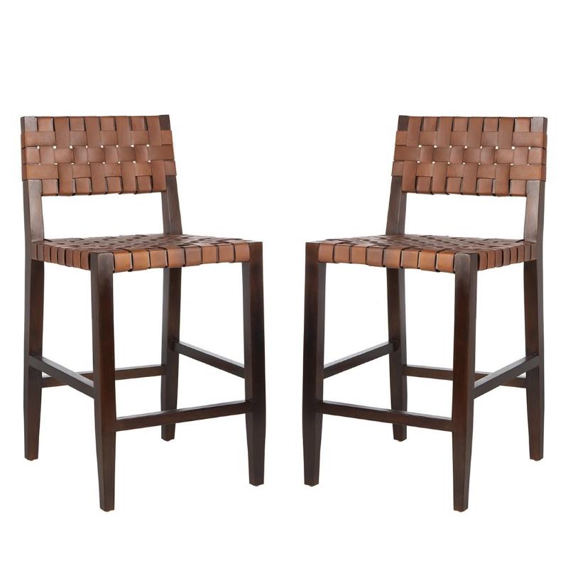Home Square 2 Piece Leather Counter Stool Set in Cognac and Walnut