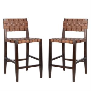 Home Square 2 Piece Leather Counter Stool Set in Cognac and Walnut