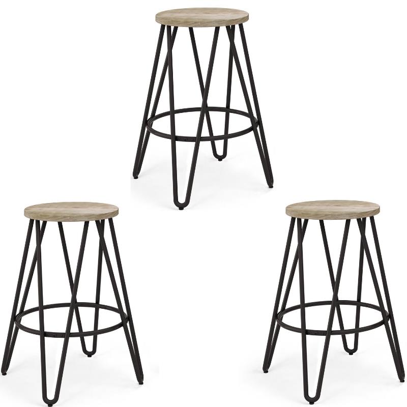 Home Square 3 Piece Industrial Round Counter Stool Set in Natural and Black