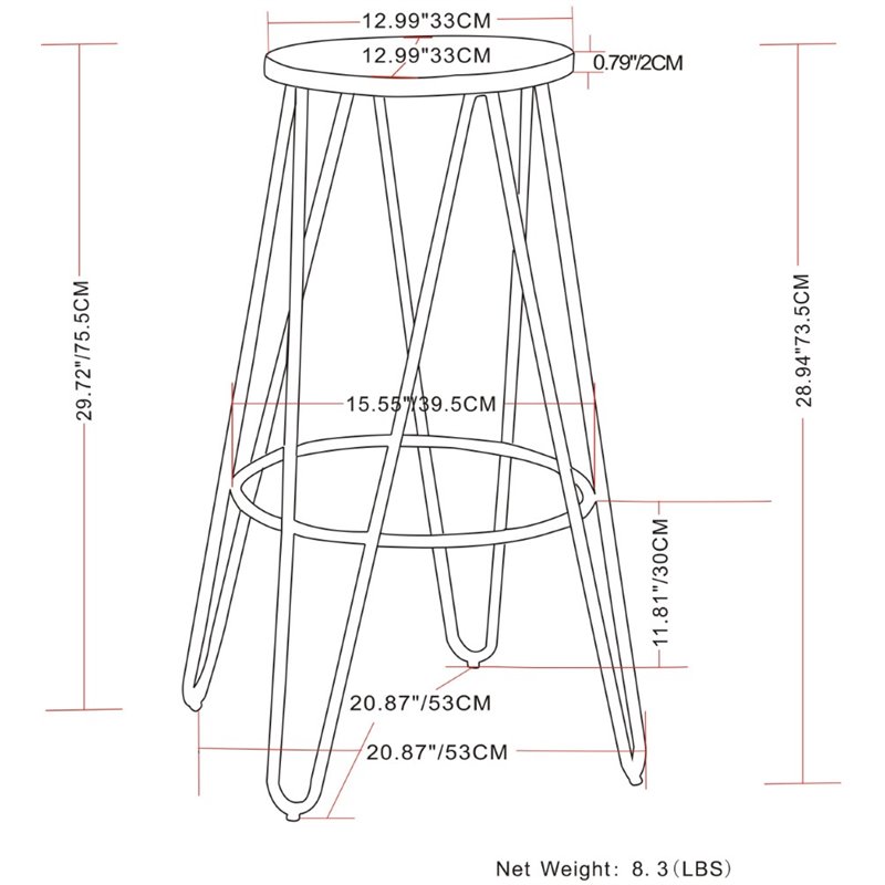 Home Square 2 Piece Industrial Round Wood Top Barstool Set in Natural and Black