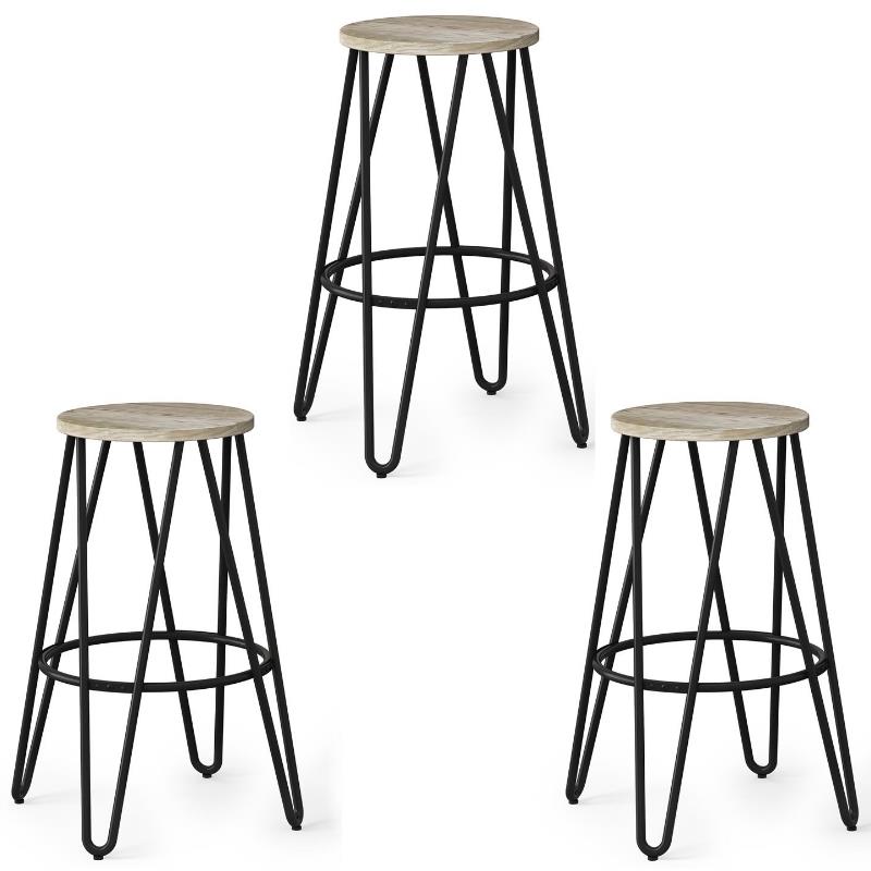 Home Square 3 Piece Industrial Round Wood Top Barstool Set in Natural and Black