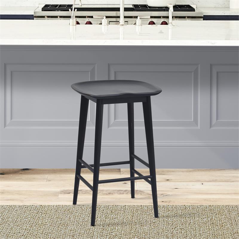 Home Square 2 Piece Solid Acacia Wood Counter Stool Set in Black