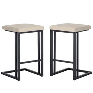 Home Square 2 Piece Faux Leather and Steel Counter Stool Set in Cream/Black