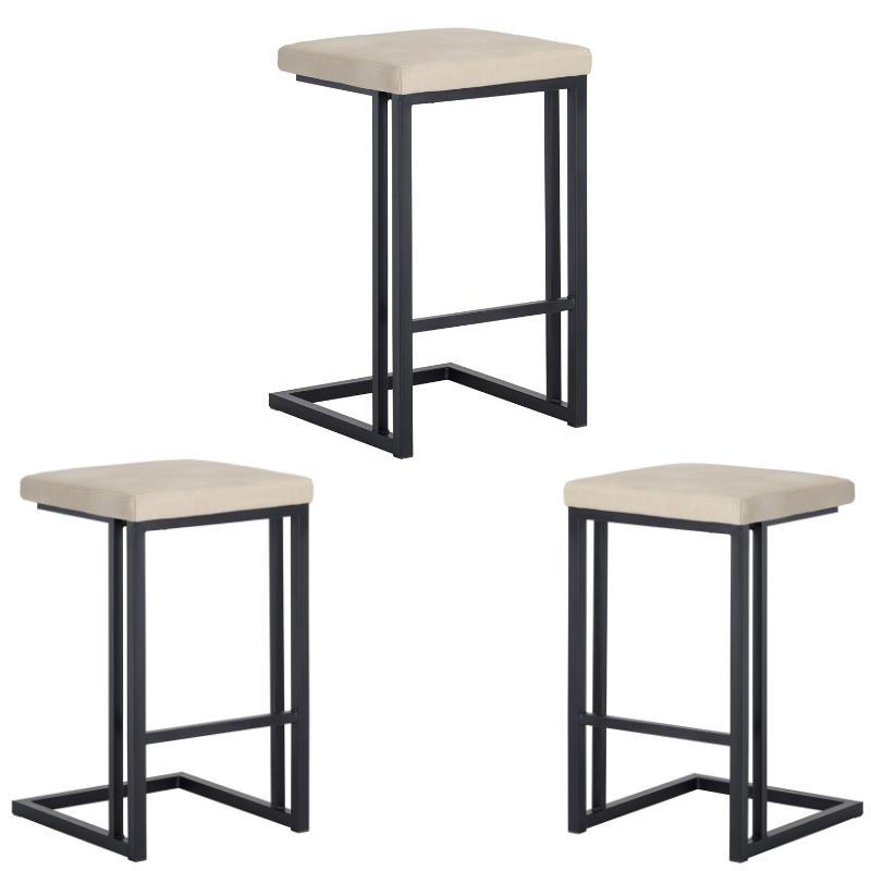 Home Square 3 Piece Faux Leather and Steel Counter Stool Set in Cream/Black