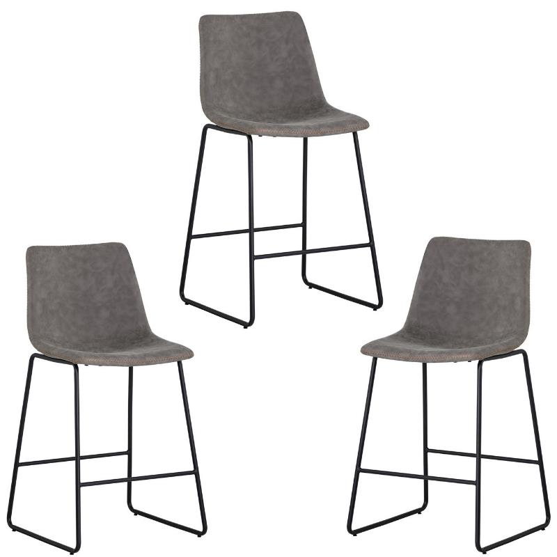 Home Square 3 Piece Faux Leather and Steel Counter Stool Set in Antique Gray