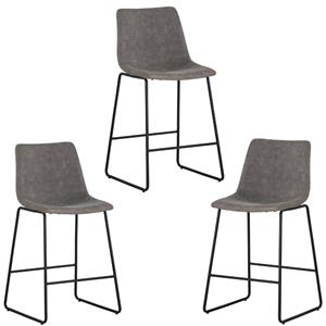 Home Square 3 Piece Faux Leather and Steel Counter Stool Set in Antique Gray