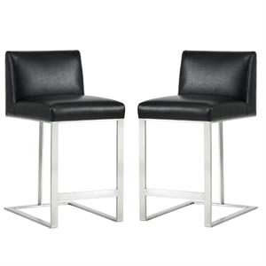 Home Square 2 Piece Metal Base Bonded Leather Counter Stool Set in Black/Gray