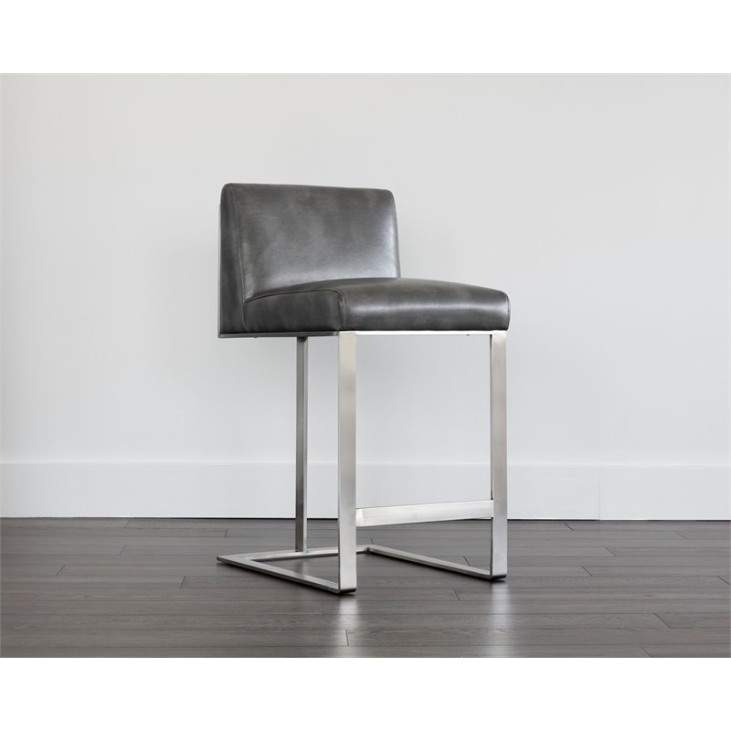 Home Square 2 Piece Metal Base Bonded Leather Counter Stool Set in Gray/White