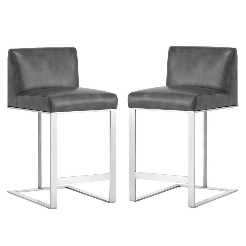 Home Square 2 Piece Metal Base Bonded Leather Counter Stool Set in Gray/White