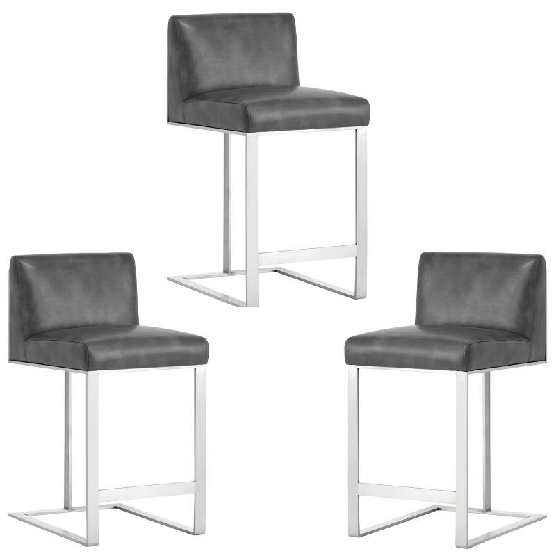 Home Square 3 Piece Metal Base Bonded Leather Counter Stool Set in Gray/White