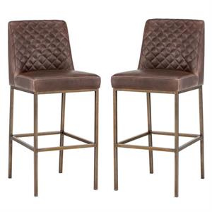 Home Square 2 Piece Transitional Faux Leather Barstool Set in Brown/Brass