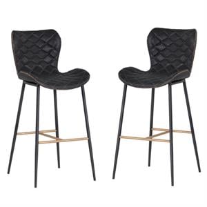 Home Square 2 Piece Faux Leather Barstool Set with Metal Base in Antique Black