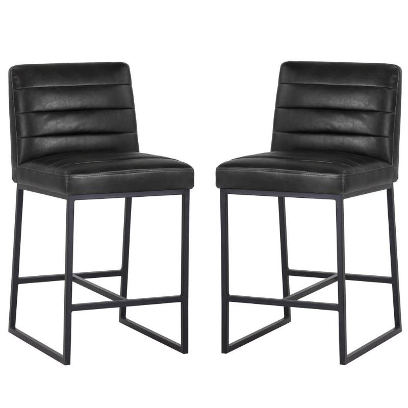 Home Square 2 Piece Modern Faux Leather Counter Stool Set in Coal Black