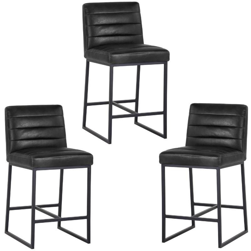 Home Square 3 Piece Modern Faux Leather Counter Stool Set in Coal Black