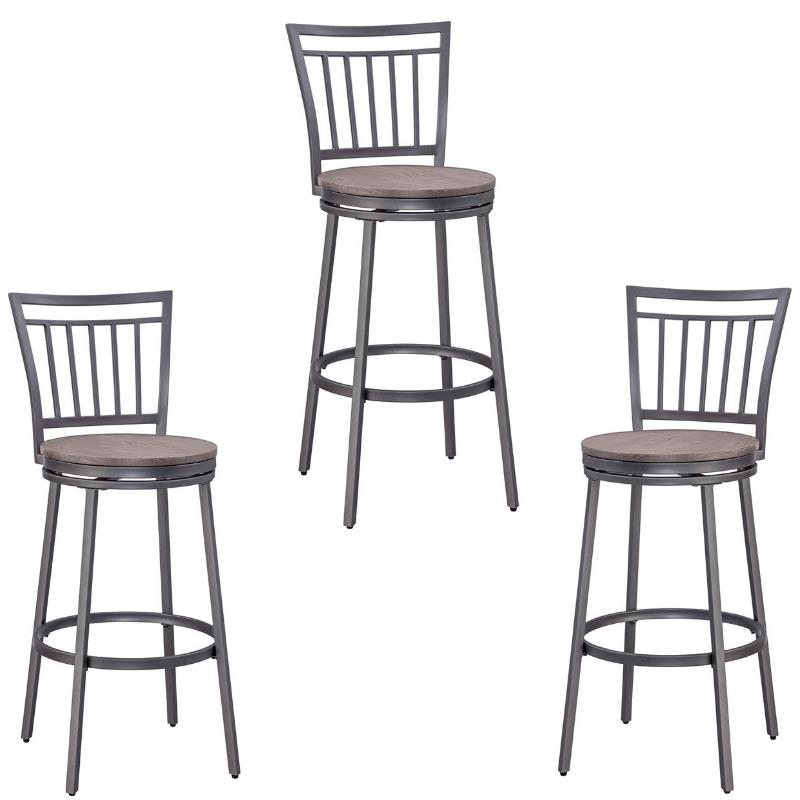 Home Square 3 Piece Slatback Metal Swivel Counter Stool Set in Gray