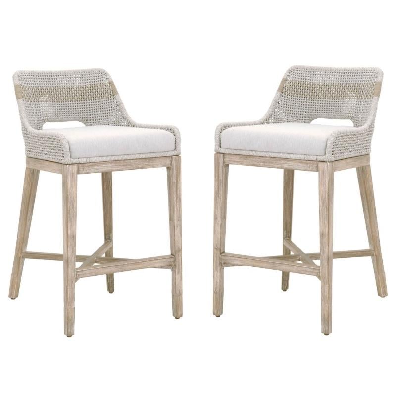 Home Square 2 Piece Upholstered Patio Bar Stool Set in Taupe and White