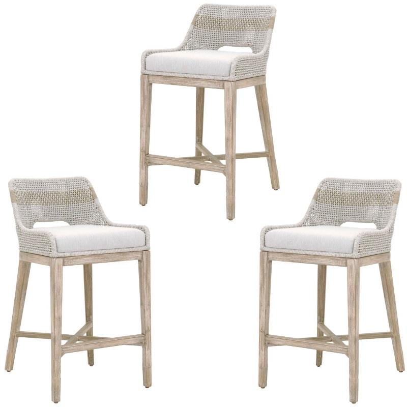 Home Square 3 Piece Upholstered Patio Bar Stool Set in Taupe and White
