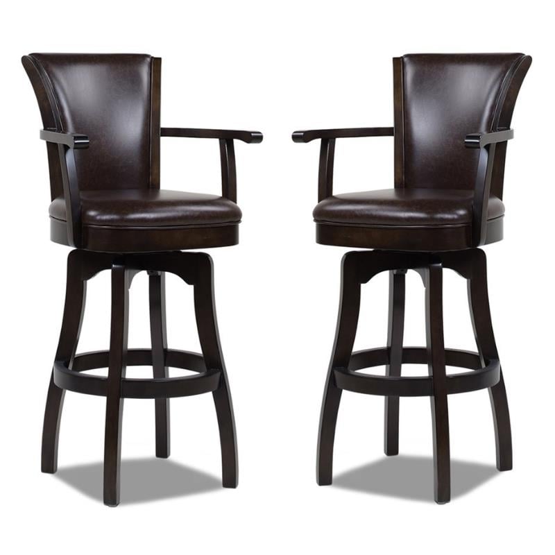 Home Square 2 Piece Swivel Armrests Faux Leather Barstool Set in Vintage Brown