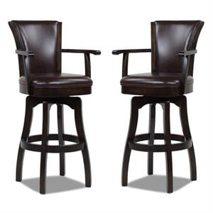 Home Square 2 Piece Swivel Armrests Faux Leather Barstool Set in Vintage Brown