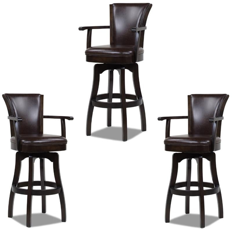 Home Square 3 Piece Swivel Armrests Faux Leather Barstool Set in Vintage Brown