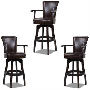 Home Square 3 Piece Swivel Armrests Faux Leather Barstool Set in Vintage Brown