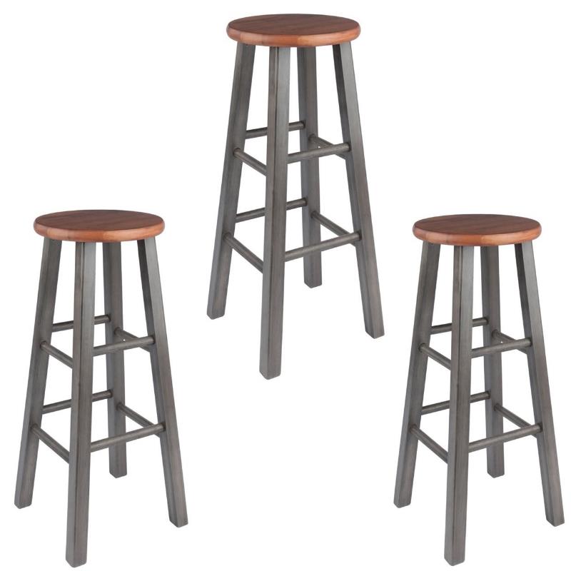 Home Square 3 Piece Transitional Solid Wood Barstool Set in Rustic Teak and Gray