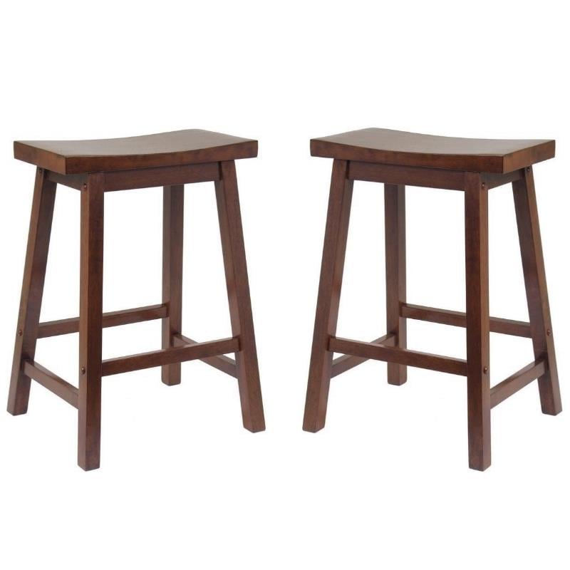 Home Square 2 Piece Solid Wood Saddle Seat Counter Stool Set in Antique Walnut
