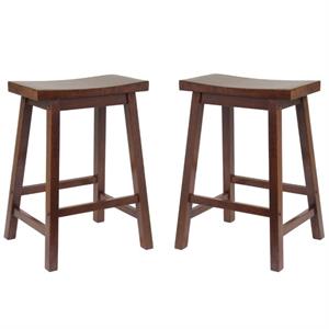 Home Square 2 Piece Solid Wood Saddle Seat Counter Stool Set in Antique Walnut