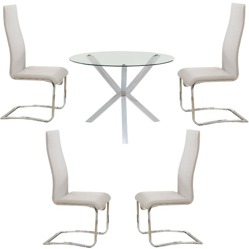 Home Square 5 Piece Set with Round Glass Top Dining Table and 4 Chairs in Cream