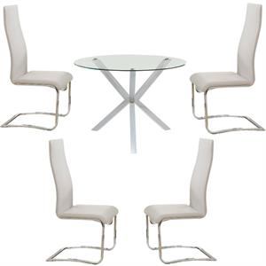 home square 5 piece set with round glass top dining table and 4 chairs in cream