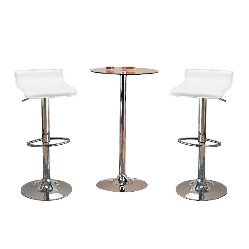 Home Square Set with Round Glass Top Bar Table in Chrome with 2 Stools