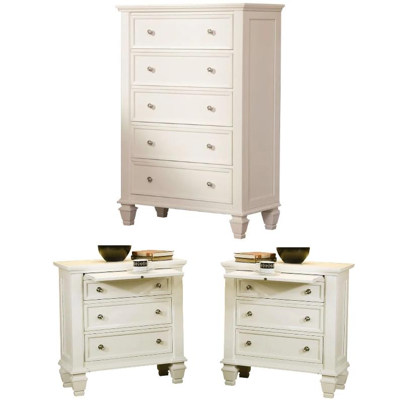 Home Square 3 Piece Set with 5 Drawer Chest and 2 Nightstands in White/Silver