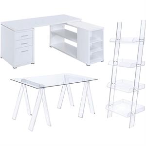 Home Square 3 Piece Set with L Shaped Writing Desk Glass Desk & Acrylic Bookcase