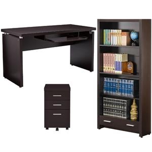 Home Square 3 Piece Set with Desk Mobile File Cabinet and Bookcase in Cappuccino