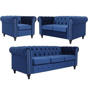 home square 3 piece set with velvet living room sofa loveseat and chair in blue