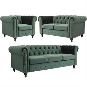 home square 3 piece set with velvet living room sofa loveseat & chair in green