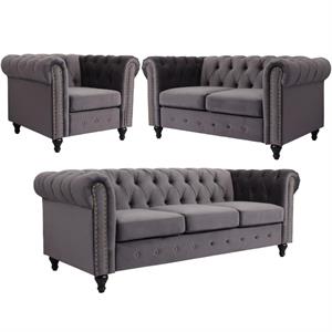 home square 3 piece set with velvet living room sofa loveseat & chair in gray