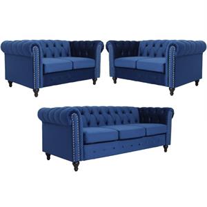 home square mavi 3 piece set with velvet living room sofa and 2-loveseat in blue