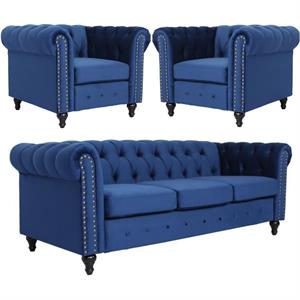 home square 3 piece set with velvet living room sofa and 2 chairs in blue